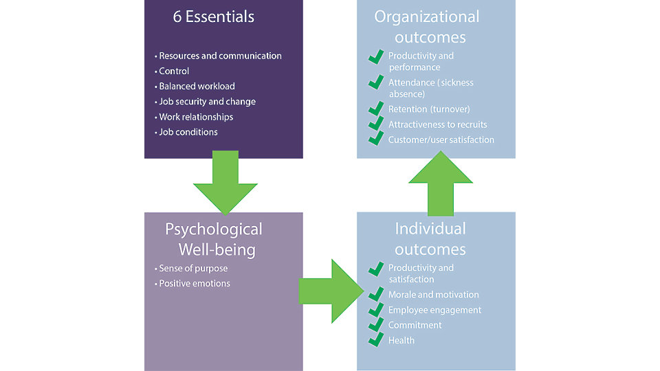 The impact of the work environment is already well established in Robertson Cooper’s ‘6 Essentials’ model, which shows the key aspects of working life that affect workplace well-being and employee engagement. 