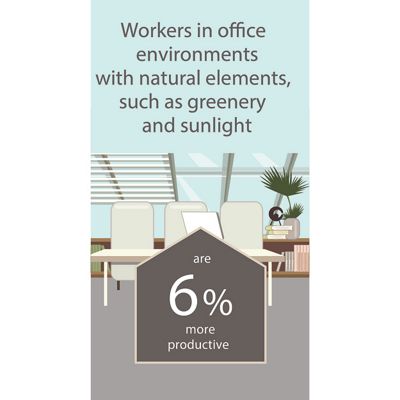 Those who work in environments with natural elements, such as greenery and sunlight, report a 6% higher level of productivity than those who do not have the same connection to nature within their workspace.